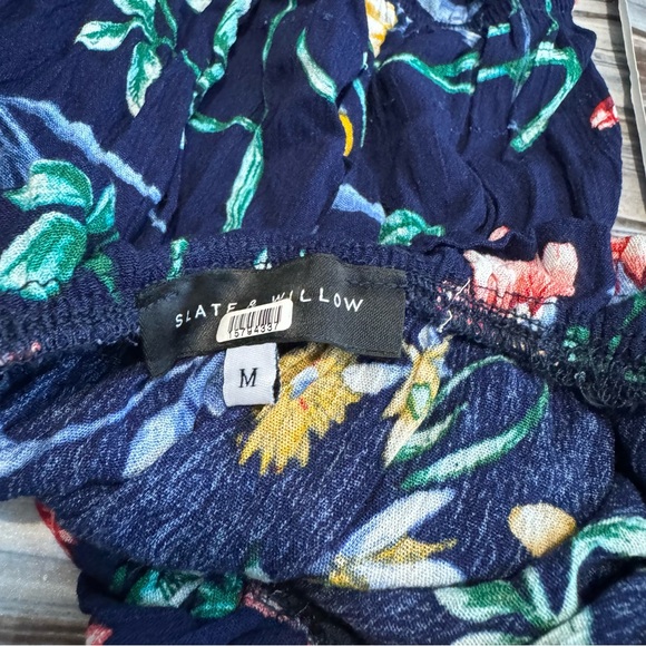 Slate & Willow Floral Print Tie Waist Puff Sleeve Scoop Neck Mini Dress Blue M - Picture 8 of 8